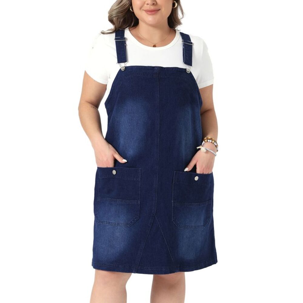 Women Plus Size Denim Overalls Dress Casual Summer Rompers Dark Blue